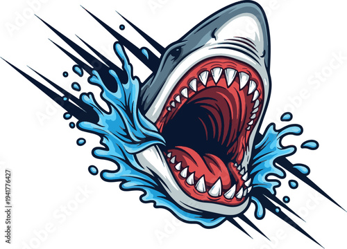 Powerful Shark Head with Water Splashes and Speed Lines