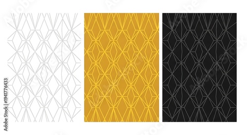 Three geometric pattern squares in white yellow and black