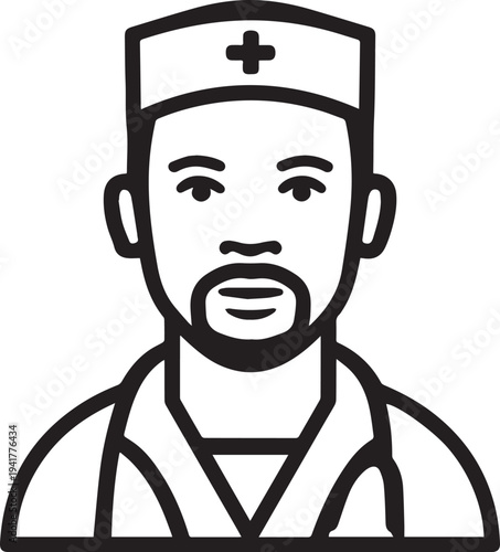 Hand Drawn Man as Nurse Black and White Avatar Illustration in Minimal Line Art Style Design