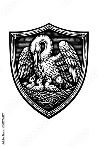 Vintage woodcut illustration of a majestic mother pelican in her piety, selflessly feeding three hungry chicks in their nest within an ornate heraldic shield emblem, symbolizing devoted parental love