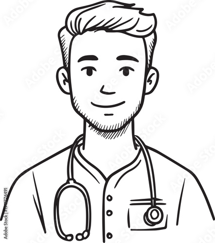 Hand Drawn Man as Nurse Black and White Avatar Illustration in Minimal Line Art Style Design