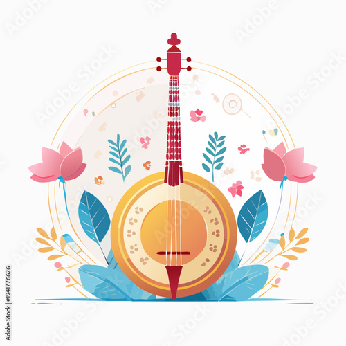 Whimsical Banjo Illustration Adorned with Elegant Lotus Flowers, Reflecting Folk Music and Natural Harmony