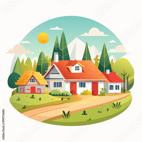 Idyllic rural landscape illustration featuring charming houses, lush trees, and majestic mountains under a bright sun