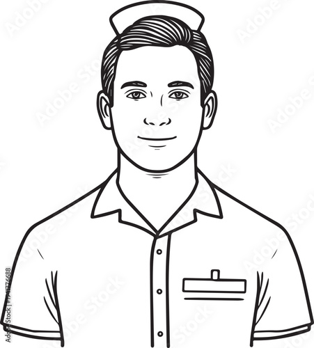 Hand Drawn Man as Nurse Black and White Avatar Illustration in Minimal Line Art Style Design