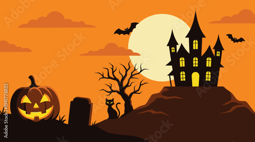 Spooky Halloween Haunted Castle Illustration with Glowing Jack-o'-Lantern and Full Moon