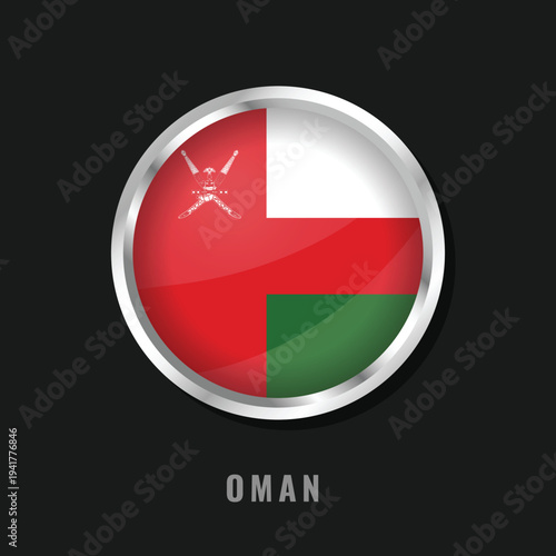 Circular glossy national flag of Oman with a silver frame. Features the white, red, and green stripes with the crossed swords and dagger emblem, representing the Sultanate's power.
