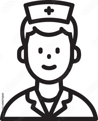 Hand Drawn Man as Nurse Black and White Avatar Illustration in Minimal Line Art Style Design