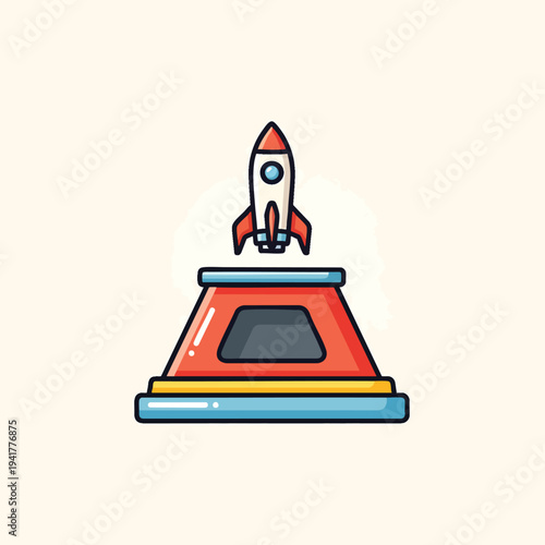 A cartoon rocketship launches from a red and blue platform. A white plume appears behind the rocket as it ascends into the sky against a cream backdrop