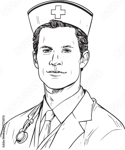 Hand Drawn Man as Nurse Black and White Avatar Illustration in Minimal Line Art Style Design