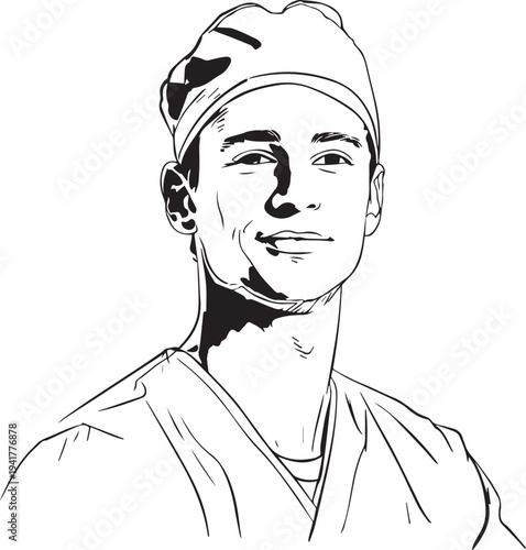 Hand Drawn Man as Nurse Black and White Avatar Illustration in Minimal Line Art Style Design