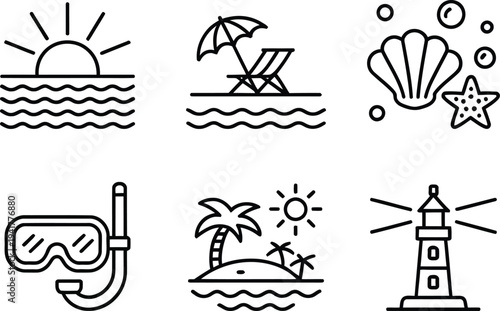 Icon collection depicting various beach and water activities