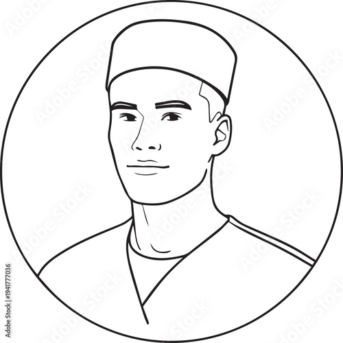 Hand Drawn Man as Nurse Black and White Avatar Illustration in Minimal Line Art Style Design