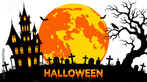 Halloween Silhouette Illustration with Haunted House Graveyard and Large Glowing Full Moon on White Background