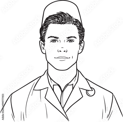 Hand Drawn Man as Nurse Black and White Avatar Illustration in Minimal Line Art Style Design