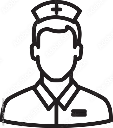 Hand Drawn Man as Nurse Black and White Avatar Illustration in Minimal Line Art Style Design
