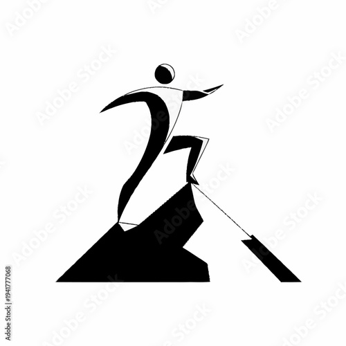 Abstract figure climbing a mountain peak symbolizing success.