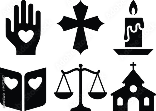 Symbolic icons representing faith, justice, and humanitarian themes in black and white