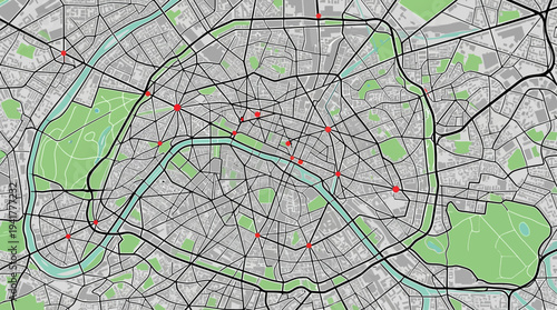 Stylized Paris City Map Illustration with Main Streets, River Seine, and Green Parks in Minimalist Vector Style