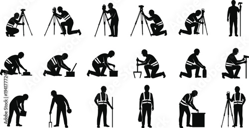 PrintSet of professional land surveyor and construction worker silhouettes using tools and measuring equipment