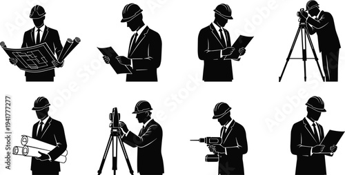 PrintSet of professional engineer and architect silhouettes holding blueprints using tools and surveying equipment