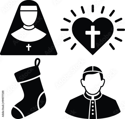 Symbols representing religious and festive figures in a minimalist black and white design