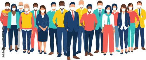 Large diverse group of professional men and women standing together wearing white protective medical face masks for health safety