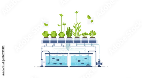 Closed-Loop Aquaponics System Illustration | Sustainable Farming, Aquaculture, and Hydroponics Technology