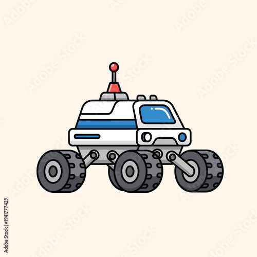 A cartoon rover illustration featuring a white body with a blue stripe, large wheels, and a red antenna. It's on a neutral beige background
