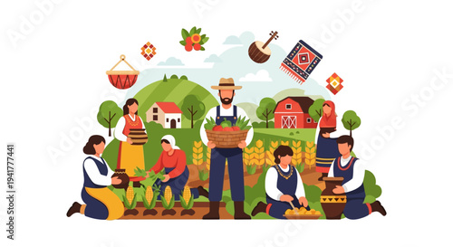 Traditional Rural Harvest: Community of Farmers in Folk Costumes Gathering Organic Crops on a Green Farm Field Vector Illustration.