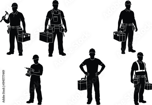 PrintSet of professional construction worker silhouettes holding tools and toolboxes in standing poses