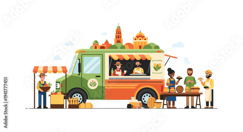 Farmers Market Food Truck Illustration selling Fresh Local Produce and Artisan Street Food in a Community Setting
