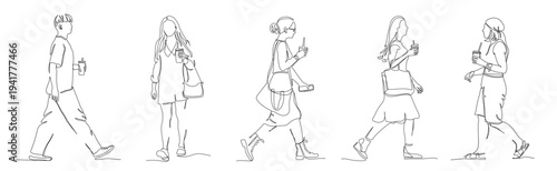 People with drink and straw.  Men and women  walking set. Continuous line drawing elements. Black and white vector illustration in line art style.