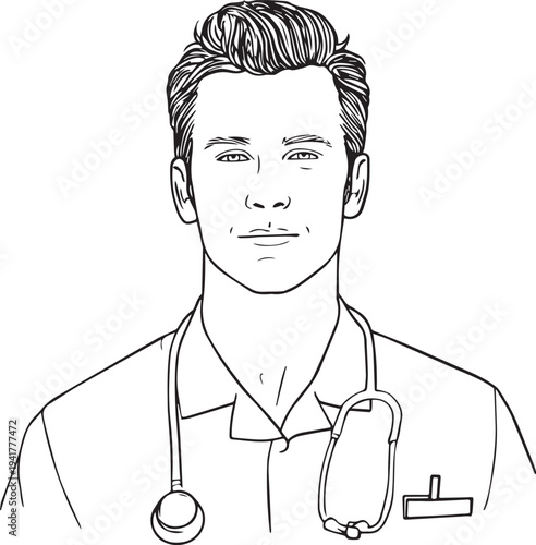 Hand Drawn Man as Nurse Black and White Avatar Illustration in Minimal Line Art Style Design