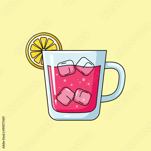 A cartoon illustration of a glass with a pink beverage, ice cubes, and a lemon slice on a light yellow background