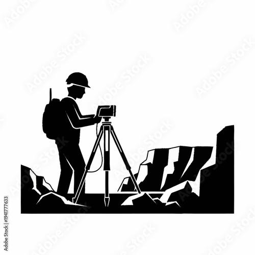 Surveyor with Theodolite in Rocky Terrain Silhouette.