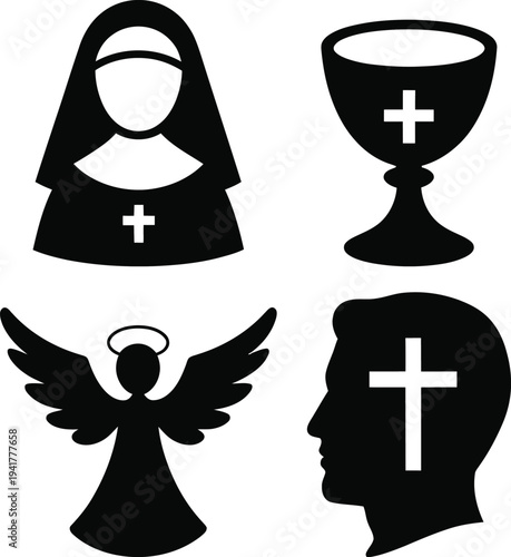 Four symbolic icons representing religious and spiritual figures and objects