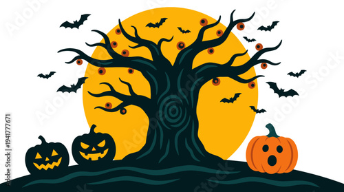 Spooky Halloween Tree with Bats and Jack-o'-lanterns under a Full Moon Vector Illustration