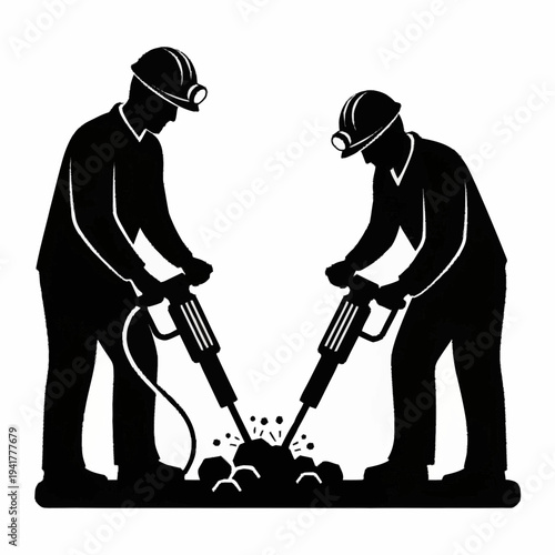 Two miners operating jackhammers in a silhouette illustration.