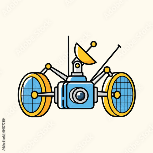 A cartoon rover with a blue body, yellow wheels, and a dish antenna. It has antennas and grid-like textures