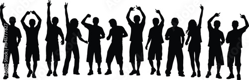 PrintLarge group of happy people silhouettes dancing and celebrating with arms raised high