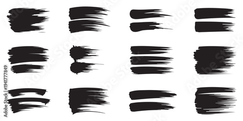 Set of Black Grunge Paint Brush Strokes and Ink Splatters on White Background