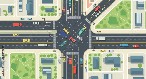 Aerial View of a Busy City Intersection with Traffic.