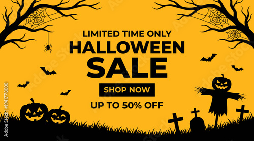 Halloween Sale Banner with Spooky Silhouettes, Pumpkins, and Scarecrow on Orange Background for Seasonal Marketing Promotion
