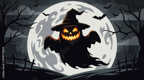 Halloween Illustration of a Spooky Ghost with Jack-o'-lantern Face and Witch Hat Flying in Front of a Large Full Moon at Night with Bats and Bare Trees