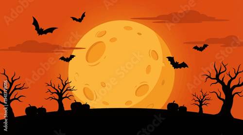 Spooky Halloween Landscape Illustration with Full Moon, Bats, Bare Trees, and Pumpkin Silhouettes on Orange Background
