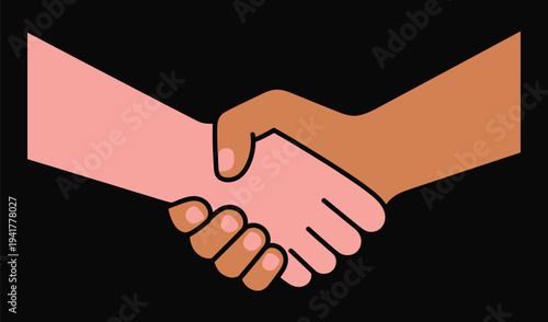 A graphic illustration depicting two hands of different skin tones shaking in a gesture of agreement, partnership, or unity against a black background.