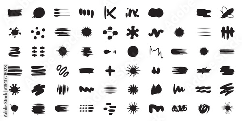 Large set of black ink splatters, dots, and abstract hand-drawn marks