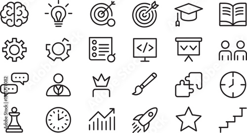 Black and white representing various concepts and activities brain lightbulb target
