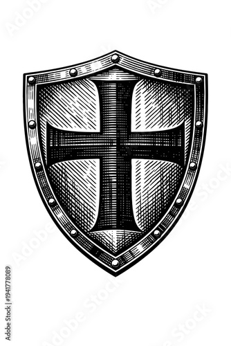 Vintage Engraved Templar Crusader Shield with Cross Icon. A detailed black and white illustration in a classic woodcut style, depicting medieval heraldry, protection, and chivalry. Excellent for histo