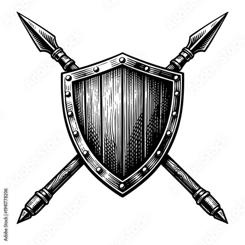Vintage woodcut style shield and crossed spears artwork. This classic emblem embodies strength, protection, and valor, ideal for historical, medieval, warrior, and traditional design projects. Detaile